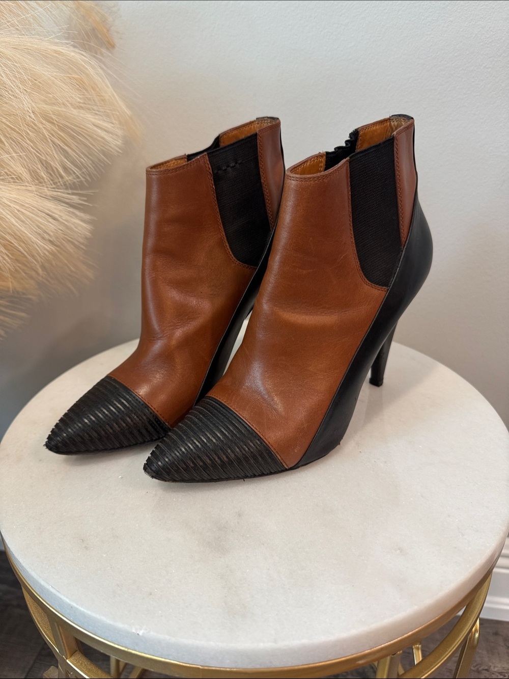Balenciaga Brown and Black Pointed Leather Ankle Booties Size 38.5